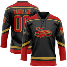 Laden Sie das Bild in den Galerie-Viewer, Uksn Individuelles Schwarz Rot-Altgold Eishockey-Trikot mit Schnürkragen