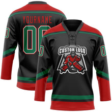 Laden Sie das Bild in den Galerie-Viewer, Uksn Individuelles Schwarz Kelly-Grün-Rot Eishockey-Trikot mit Schnürkragen