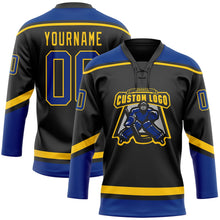 Laden Sie das Bild in den Galerie-Viewer, Uksn Individuelles Schwarz Royalblau-Gelb Eishockey-Trikot mit Schnürkragen