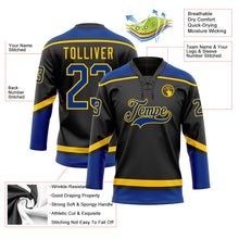 Laden Sie das Bild in den Galerie-Viewer, Uksn Individuelles Schwarz Royalblau-Gelb Eishockey-Trikot mit Schnürkragen