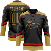 Laden Sie das Bild in den Galerie-Viewer, Uksn Individuelles Schwarz Altgold-Rot Eishockey-Trikot mit Schnürkragen