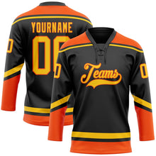 Laden Sie das Bild in den Galerie-Viewer, Uksn Individuelles Schwarz Gelb-Orange Eishockey-Trikot mit Schnürkragen