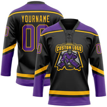 Laden Sie das Bild in den Galerie-Viewer, Uksn Individuelles Schwarz Violett-Gold Eishockey-Trikot mit Schnürkragen