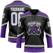 Laden Sie das Bild in den Galerie-Viewer, Uksn Individuelles Schwarz Weiß Violett-Grau Eishockey-Trikot mit Schnürkragen