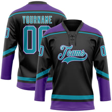 Laden Sie das Bild in den Galerie-Viewer, Uksn Individuelles Schwarz Petrol-Weiß Eishockey-Trikot mit Schnürkragen