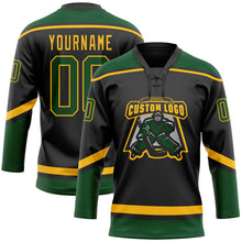 Laden Sie das Bild in den Galerie-Viewer, Uksn Individuelles Schwarz Grün-Gold Eishockey-Trikot mit Schnürkragen
