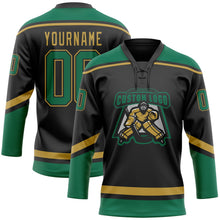 Laden Sie das Bild in den Galerie-Viewer, Uksn Individuelles Schwarz Kelly-Grün-Altgold Eishockey-Trikot mit Schnürkragen