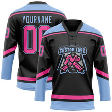 Laden Sie das Bild in den Galerie-Viewer, Uksn Individuelles Schwarz Pink-Hellblau Eishockey-Trikot mit Schnürkragen