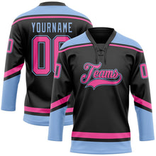 Laden Sie das Bild in den Galerie-Viewer, Uksn Individuelles Schwarz Pink-Hellblau Eishockey-Trikot mit Schnürkragen