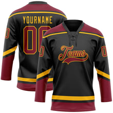 Laden Sie das Bild in den Galerie-Viewer, Uksn Individuelles Schwarz Karmesinrot-Gold Eishockey-Trikot mit Schnürkragen
