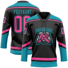 Laden Sie das Bild in den Galerie-Viewer, Uksn Individuelles Schwarz Pink-Petrol Eishockey-Trikot mit Schnürkragen