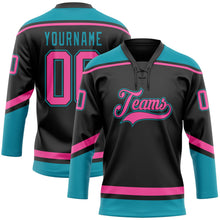 Laden Sie das Bild in den Galerie-Viewer, Uksn Individuelles Schwarz Pink-Petrol Eishockey-Trikot mit Schnürkragen