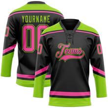 Laden Sie das Bild in den Galerie-Viewer, Uksn Individuelles Schwarz Pink-Neongrün Eishockey-Trikot mit Schnürkragen