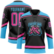 Laden Sie das Bild in den Galerie-Viewer, Uksn Individuelles Schwarz Pink-Himmelblau Eishockey-Trikot mit Schnürkragen