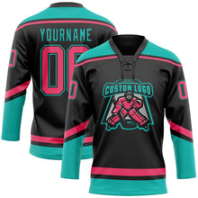 Laden Sie das Bild in den Galerie-Viewer, Uksn Individuelles Schwarz Neonpink-Aqua Eishockey-Trikot mit Schnürkragen