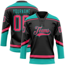 Laden Sie das Bild in den Galerie-Viewer, Uksn Individuelles Schwarz Neonpink-Aqua Eishockey-Trikot mit Schnürkragen