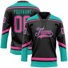 Laden Sie das Bild in den Galerie-Viewer, Uksn Individuelles Schwarz Pink-Aqua Eishockey-Trikot mit Schnürkragen