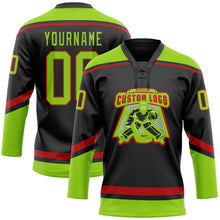 Laden Sie das Bild in den Galerie-Viewer, Uksn Individuelles Schwarz Neongrün-Rot Eishockey-Trikot mit Schnürkragen