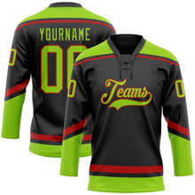 Laden Sie das Bild in den Galerie-Viewer, Uksn Individuelles Schwarz Neongrün-Rot Eishockey-Trikot mit Schnürkragen