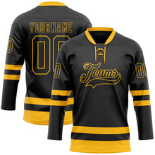 Laden Sie das Bild in den Galerie-Viewer, Uksn Individuelles Schwarz Gold Eishockey-Trikot mit Schnürkragen