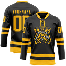 Laden Sie das Bild in den Galerie-Viewer, Uksn Individuelles Schwarz Gold Eishockey-Trikot mit Schnürkragen