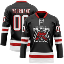 Laden Sie das Bild in den Galerie-Viewer, Uksn Individuelles Schwarz Weiß-Rot Eishockey-Trikot mit Schnürkragen