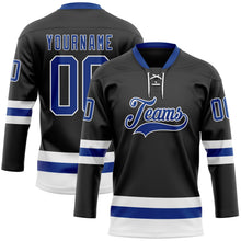 Laden Sie das Bild in den Galerie-Viewer, Uksn Individuelles Schwarz Royalblau-Weiß Eishockey-Trikot mit Schnürkragen