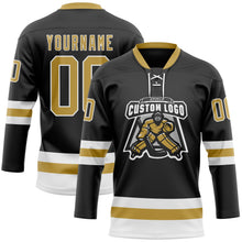Laden Sie das Bild in den Galerie-Viewer, Uksn Individuelles Schwarz Altgold-Weiß Eishockey-Trikot mit Schnürkragen
