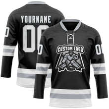 Laden Sie das Bild in den Galerie-Viewer, Uksn Individuelles Schwarz Weiß-Grau Eishockey-Trikot mit Schnürkragen