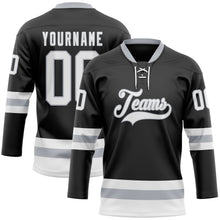 Laden Sie das Bild in den Galerie-Viewer, Uksn Individuelles Schwarz Weiß-Grau Eishockey-Trikot mit Schnürkragen