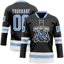 Laden Sie das Bild in den Galerie-Viewer, Uksn Individuelles Schwarz Hellblau-Weiß Eishockey-Trikot mit Schnürkragen