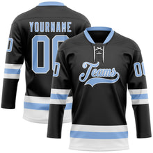 Laden Sie das Bild in den Galerie-Viewer, Uksn Individuelles Schwarz Hellblau-Weiß Eishockey-Trikot mit Schnürkragen