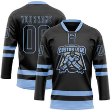 Laden Sie das Bild in den Galerie-Viewer, Uksn Individuelles Schwarz Hellblau Eishockey-Trikot mit Schnürkragen