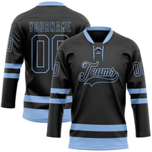 Laden Sie das Bild in den Galerie-Viewer, Uksn Individuelles Schwarz Hellblau Eishockey-Trikot mit Schnürkragen