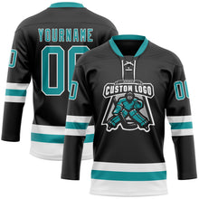 Laden Sie das Bild in den Galerie-Viewer, Uksn Individuelles Schwarz Petrol-Weiß Eishockey-Trikot mit Schnürkragen