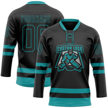 Laden Sie das Bild in den Galerie-Viewer, Uksn Individuelles Schwarz Petrol Eishockey-Trikot mit Schnürkragen