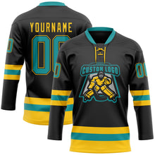 Laden Sie das Bild in den Galerie-Viewer, Uksn Individuelles Schwarz Petrol-Gelb Eishockey-Trikot mit Schnürkragen