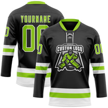 Laden Sie das Bild in den Galerie-Viewer, Uksn Individuelles Schwarz Neongrün-Weiß Eishockey-Trikot mit Schnürkragen