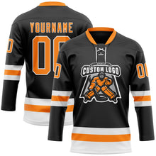 Laden Sie das Bild in den Galerie-Viewer, Uksn Individuelles Schwarz Bay Orange-Weiß Eishockey-Trikot mit Schnürkragen