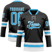 Laden Sie das Bild in den Galerie-Viewer, Uksn Individuelles Schwarz Himmelblau-Weiß Eishockey-Trikot mit Schnürkragen