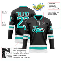 Laden Sie das Bild in den Galerie-Viewer, Uksn Individuelles Schwarz Aqua-Weiß Eishockey-Trikot mit Schnürkragen