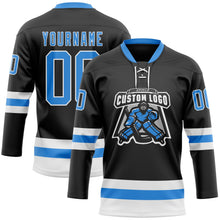 Laden Sie das Bild in den Galerie-Viewer, Uksn Individuelles Schwarz Puderblau-Weiß Eishockey-Trikot mit Schnürkragen