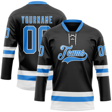 Laden Sie das Bild in den Galerie-Viewer, Uksn Individuelles Schwarz Puderblau-Weiß Eishockey-Trikot mit Schnürkragen