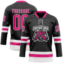 Laden Sie das Bild in den Galerie-Viewer, Uksn Individuelles Schwarz Hot Pink-Weiß Eishockey-Trikot mit Schnürkragen