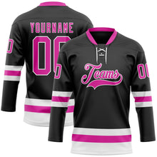 Laden Sie das Bild in den Galerie-Viewer, Uksn Individuelles Schwarz Dunkelrosa-Weiß Eishockey-Trikot mit Schnürkragen