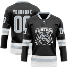 Laden Sie das Bild in den Galerie-Viewer, Uksn Individuelles Schwarz Silber-Weiß Eishockey-Trikot mit Schnürkragen