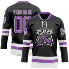 Laden Sie das Bild in den Galerie-Viewer, Uksn Individuelles Schwarz Mittelviolett-Weiß Eishockey-Trikot mit Schnürkragen