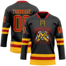 Laden Sie das Bild in den Galerie-Viewer, Uksn Individuelles Schwarz Rot-Gold Eishockey-Trikot mit Schnürkragen