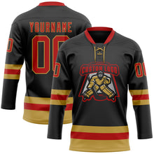 Laden Sie das Bild in den Galerie-Viewer, Uksn Individuelles Schwarz Rot-Altgold Eishockey-Trikot mit Schnürkragen