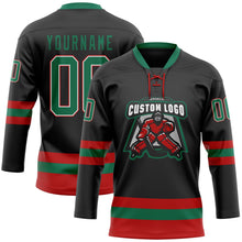 Laden Sie das Bild in den Galerie-Viewer, Uksn Individuelles Schwarz Kelly-Grün-Rot Eishockey-Trikot mit Schnürkragen